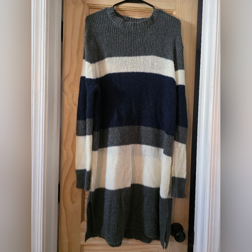 Striped Gray and Cream Women's Sweater Dress